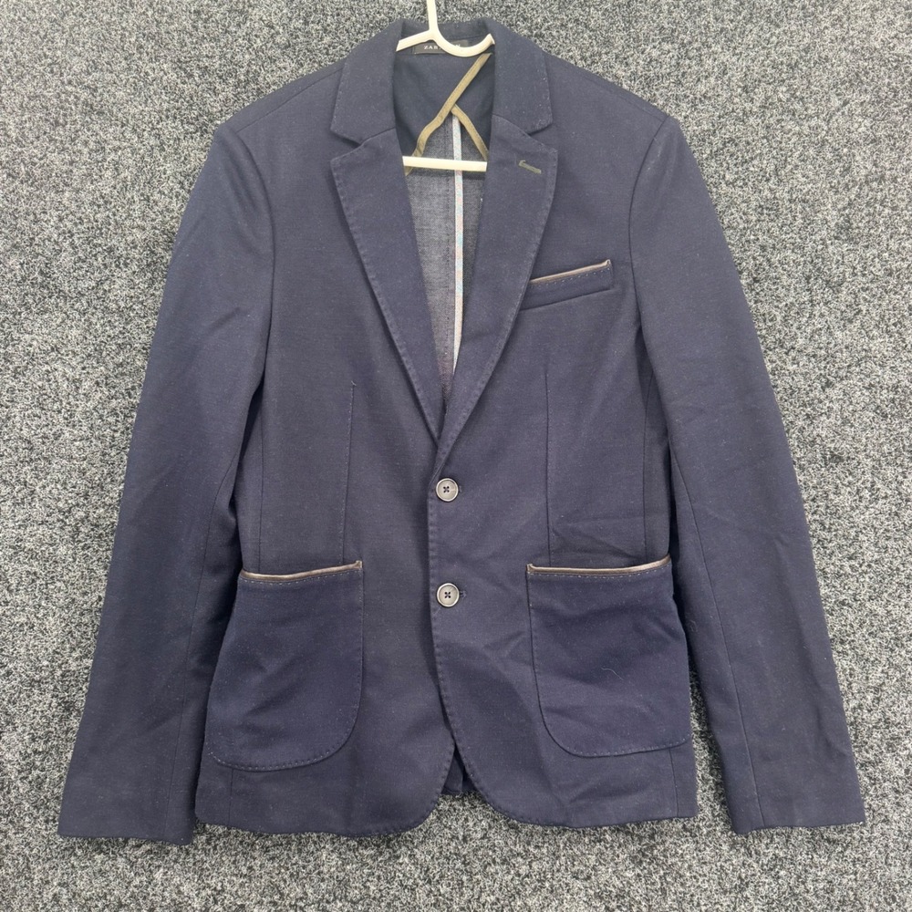 Zara Man Navy Blue Two Button Blazer Elbow Patches Faux Leather Trim USA 36